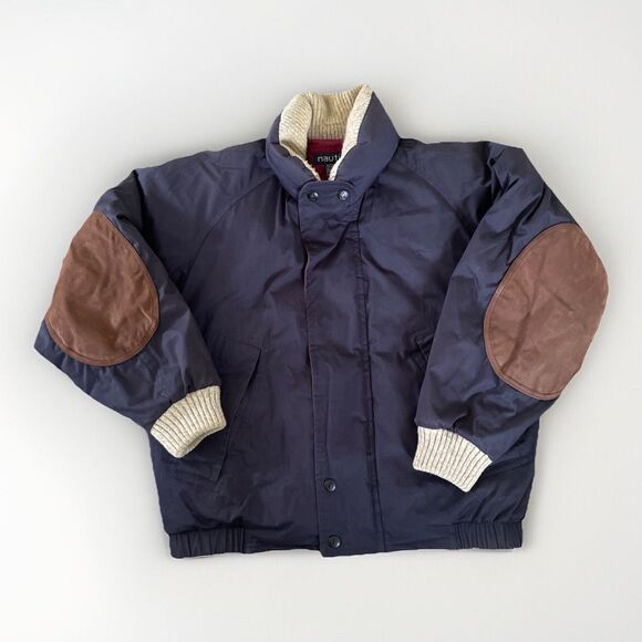 Vtg Nautica Jacket Mens MED Blue Oversized Duck Down Chore Coat Cotton Leather - Picture 1 of 9